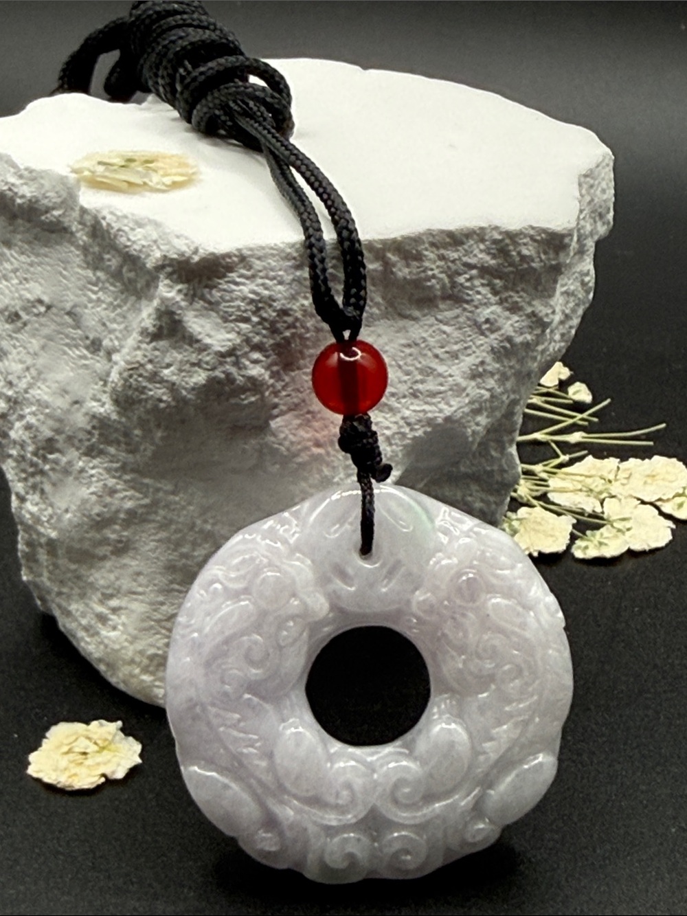 Lavender Jade Donut Pendant Necklace - Elegant Carved Pixiu